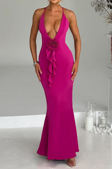 3D Flower Cross Strap Backless V-neck Ruched Maxi Dress