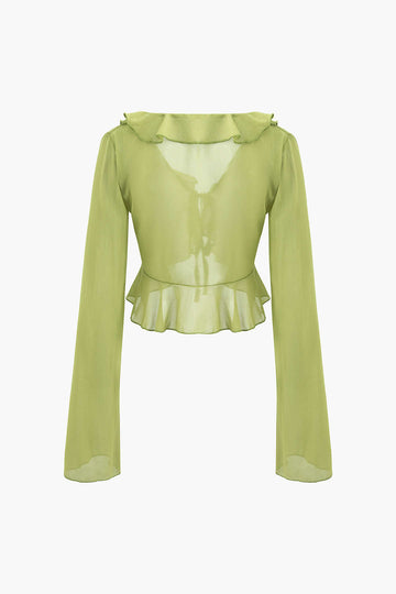 Deep V-neck Ruffle Tie Front Long Sleeve Crop Blouse