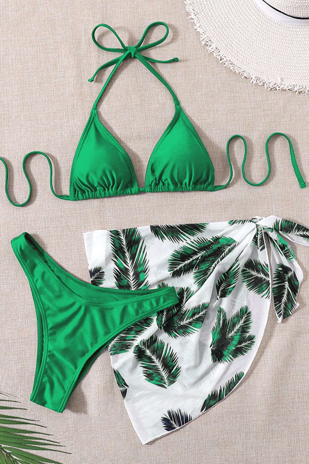 Tie Halter Bikini And Printed Wrap Skirt 3-Piece Set