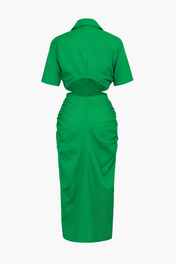 Cut Out Ruched Midi Shirt Dress