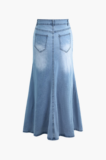 Faded Split Denim Maxi Skirt