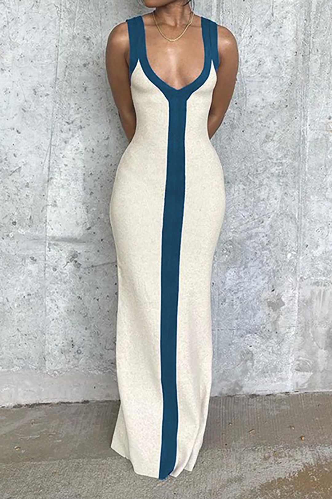 Colorblock V-neck Knit Split Maxi Dress