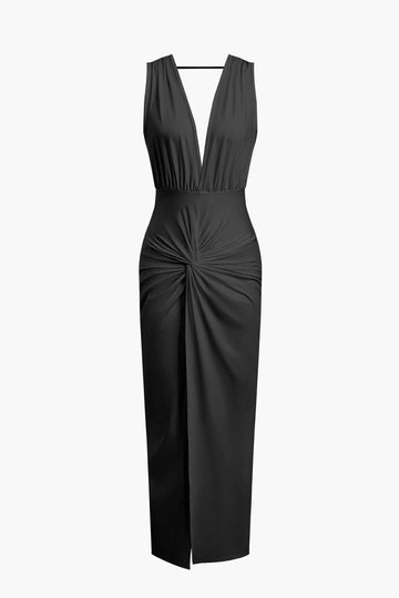 Twist V-neck Slit Backless Midi Dress