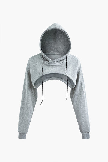 Curved Hem Drawstring Hooded Crop Sweatshirt