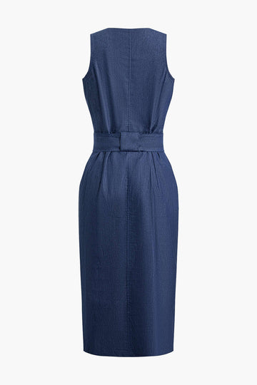 Zipper Belted Slit Sleeveless Denim Midi Dress