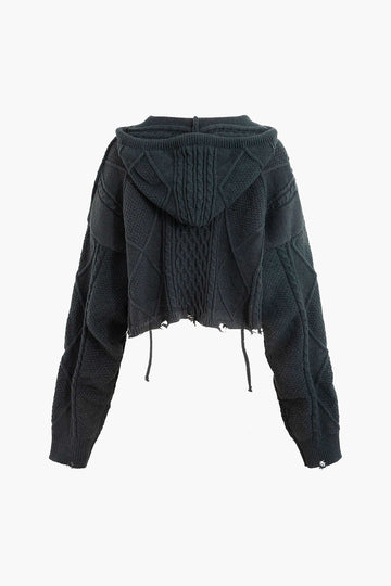 Hooded Destroyed Zip Up Cable Knit Cardigan