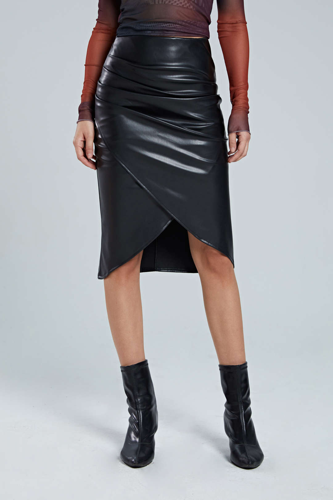 Faux Leather Wrap Ruched Midi Skirt