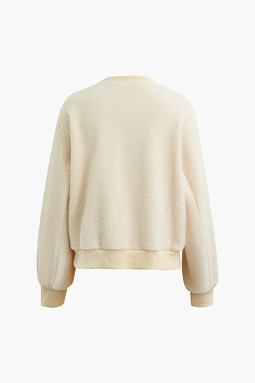 Solid Fleece Ribbed Trim Sweatshirt