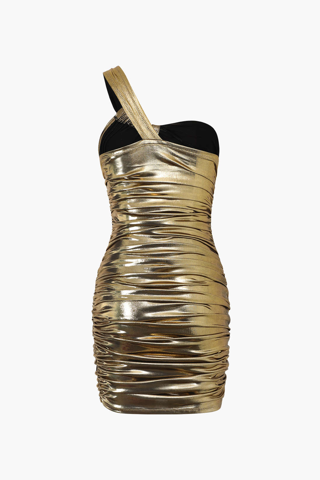 Metallic One Shoulder Ruched Bodycon Mini Dress