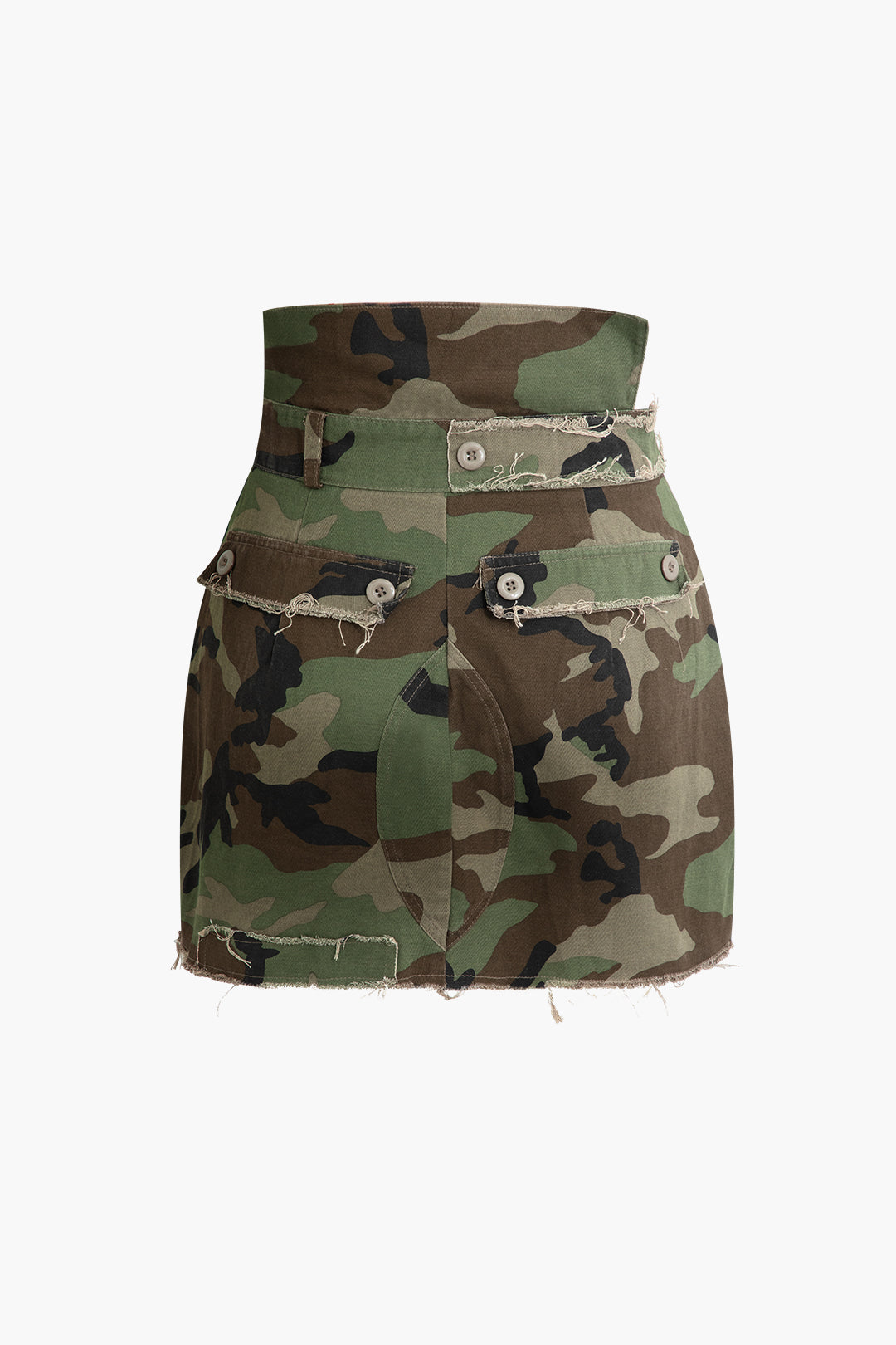 Camo Frayed Button Up Mini Skirt