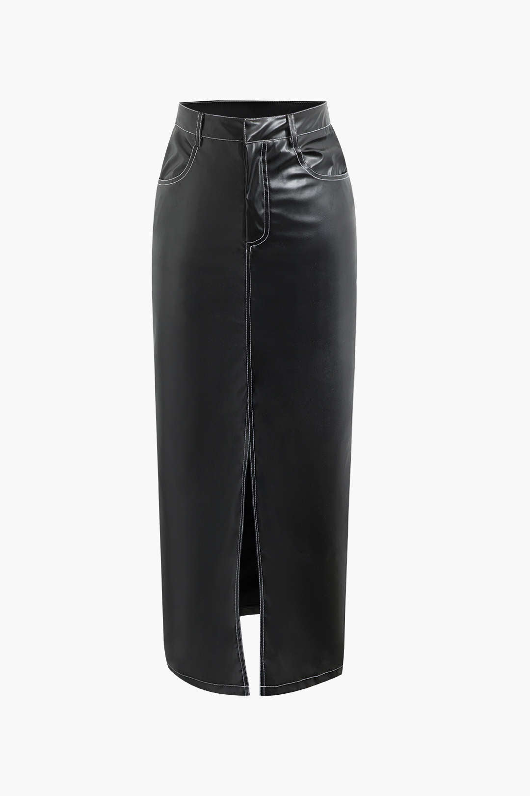 Stitching Detail Faux Leather Split Maxi Skirt