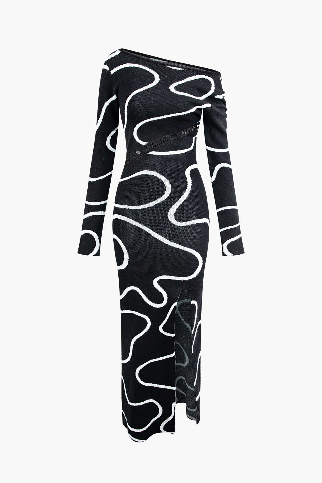 Line Pattern Round Neck Knit Long Sleeve Cut Out Slit Maxi Dress