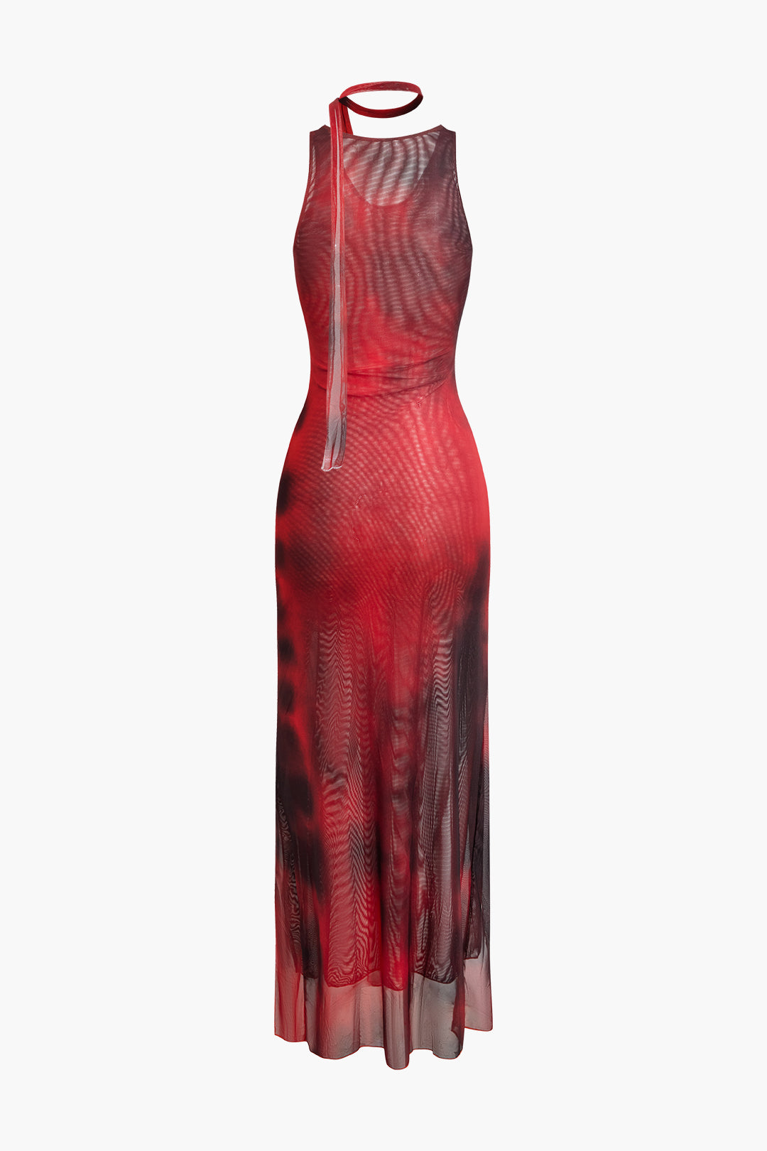 Tie Dye Mesh Asymmetrical Hem V-neck Sleeveless Midi Dress With Tie