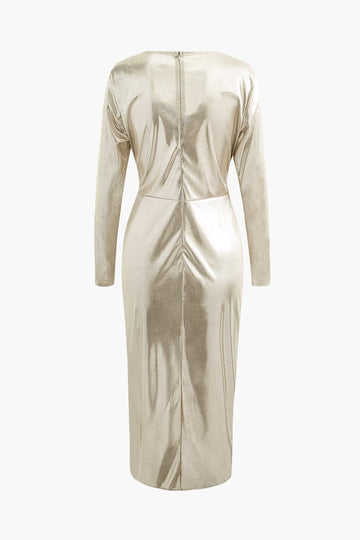 Metallic V-neck Knot Detail Ruched Long Sleeve Midi Dress