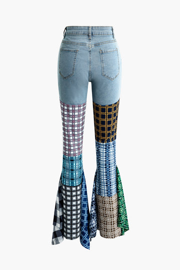 Patchwork Plaid Flare Leg Jeans