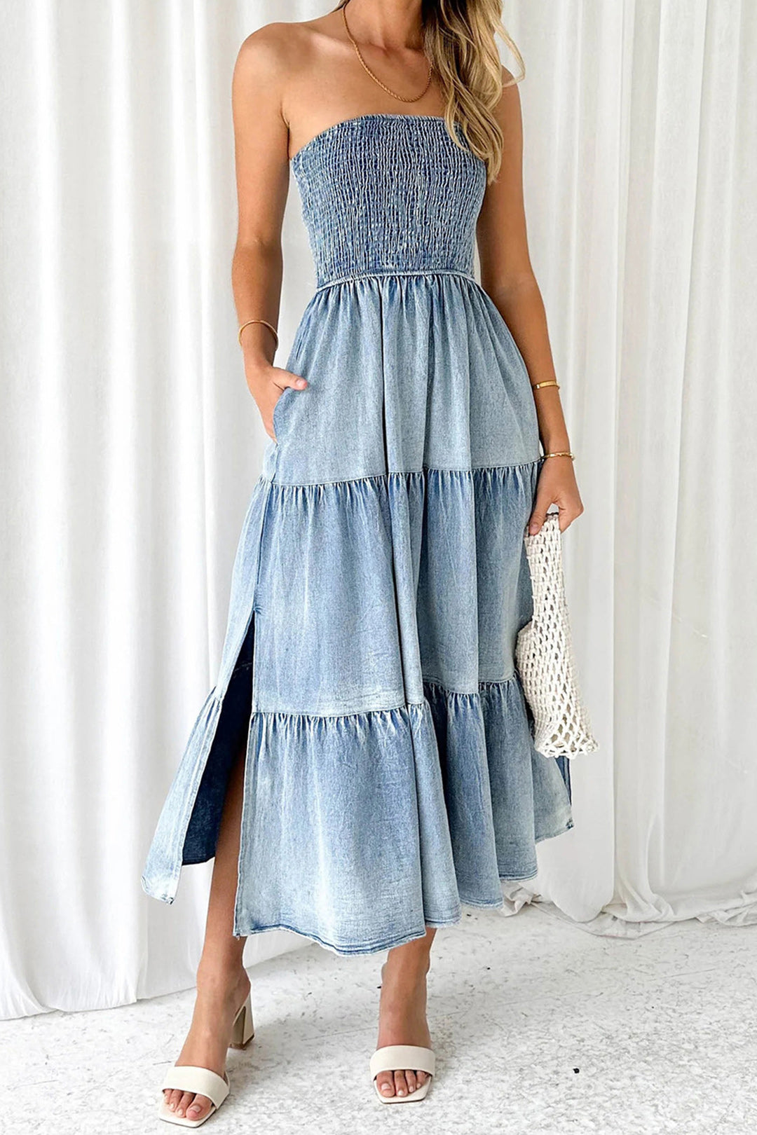 Denim Ombre Shirred Strapless Midi Dress