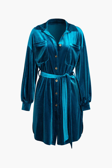 Velvet Chest Pocket Belted Mini Shirt Dress