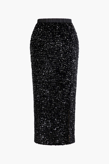 Sequin Elastic Waist Split Midi Skirt