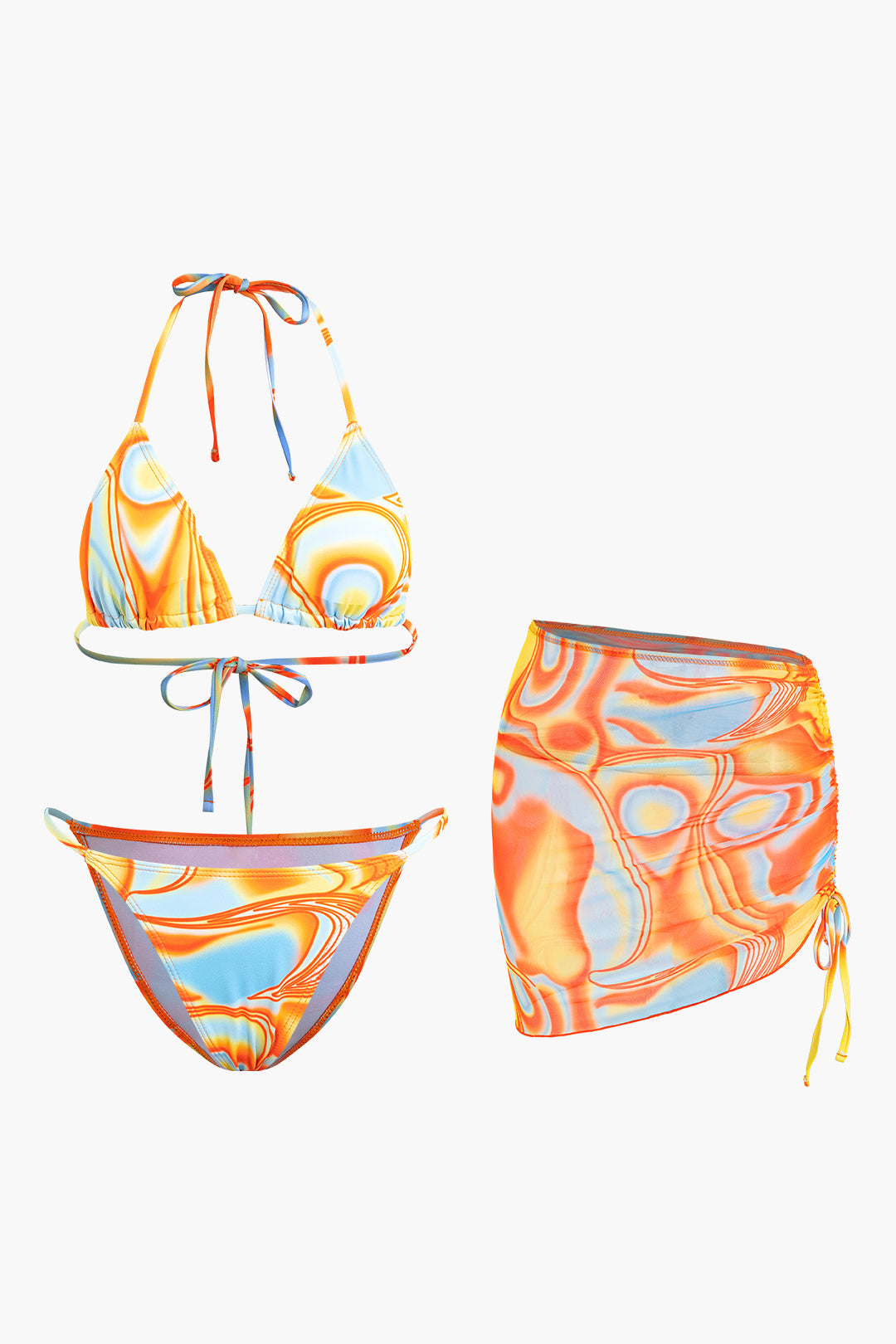 Abstract Print Halter Bikini 3-Piece Sets