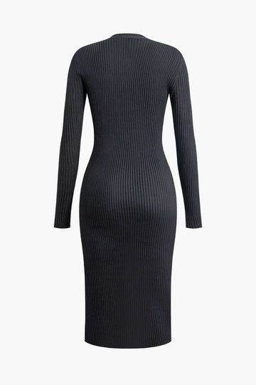 V-neck Button Up Rib Knit Long Sleeve Midi Dress