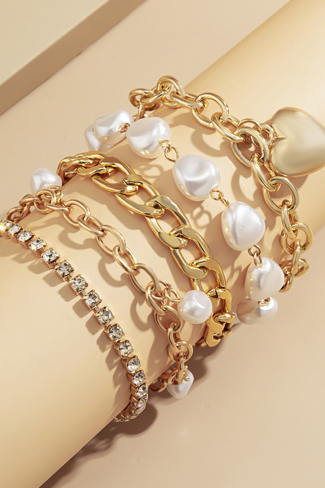 Metal Chain and Pearl Layered Bracelet Set