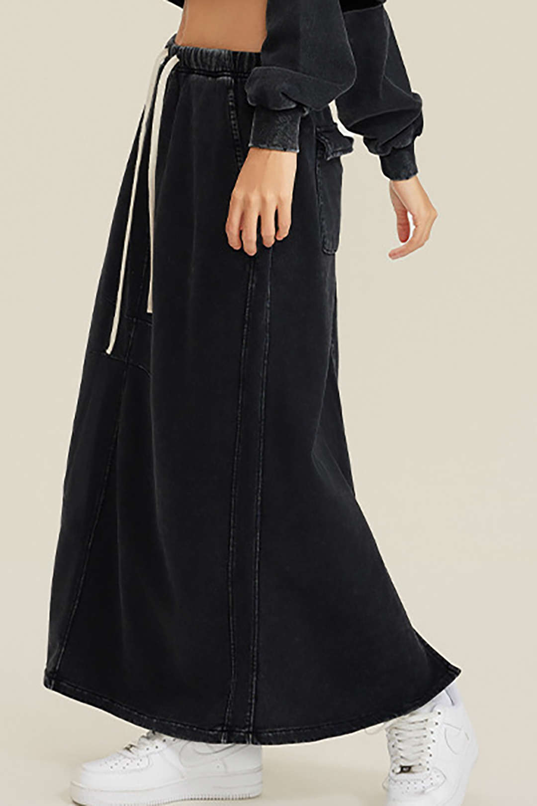 Drawstring Waist Pocket Split Denim Maxi Skirt