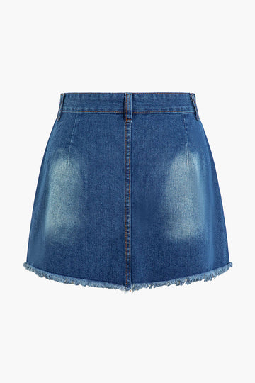 Distressed Faded Frayed Hem Denim Skirt