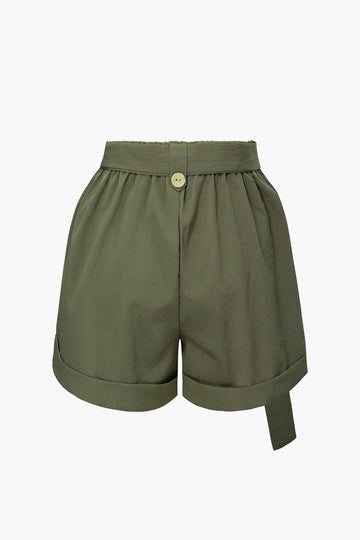 Belted Pleated Rolled Hem Shorts