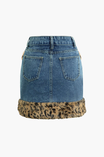 Leopard Pattern Faux Fur Detail Denim Mini Skirt