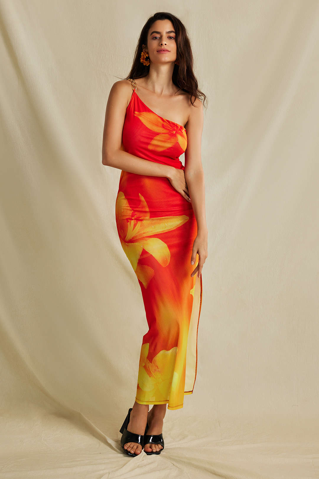 Lily Print Asymmetric One Shoulder Maxi Dress