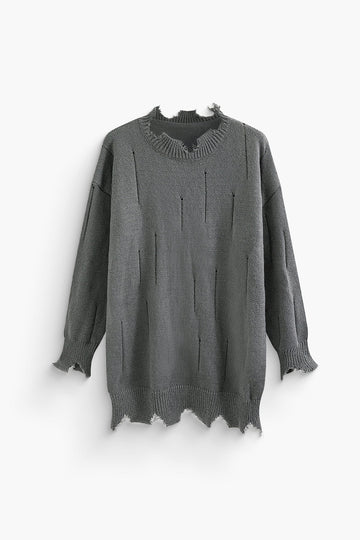 Round Neck Frayed Knit Sweater