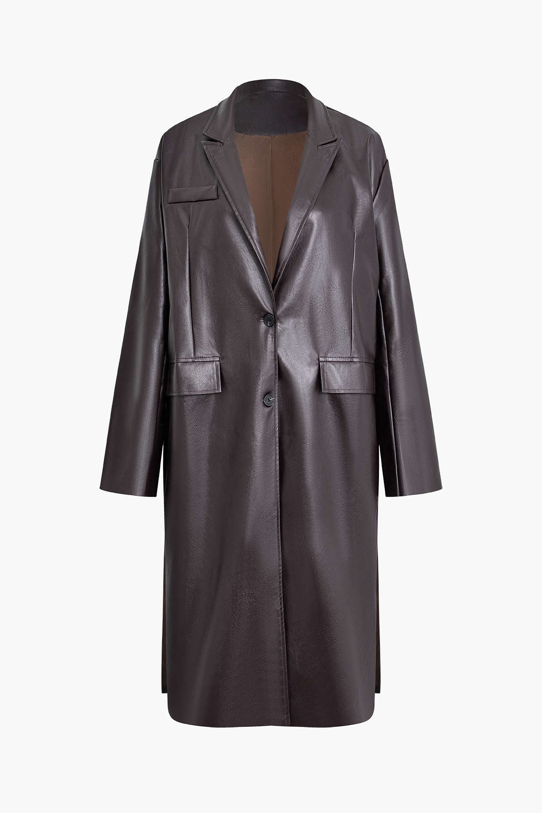 Flap Pocket Button Up Faux Leather Notched Lapel Coat