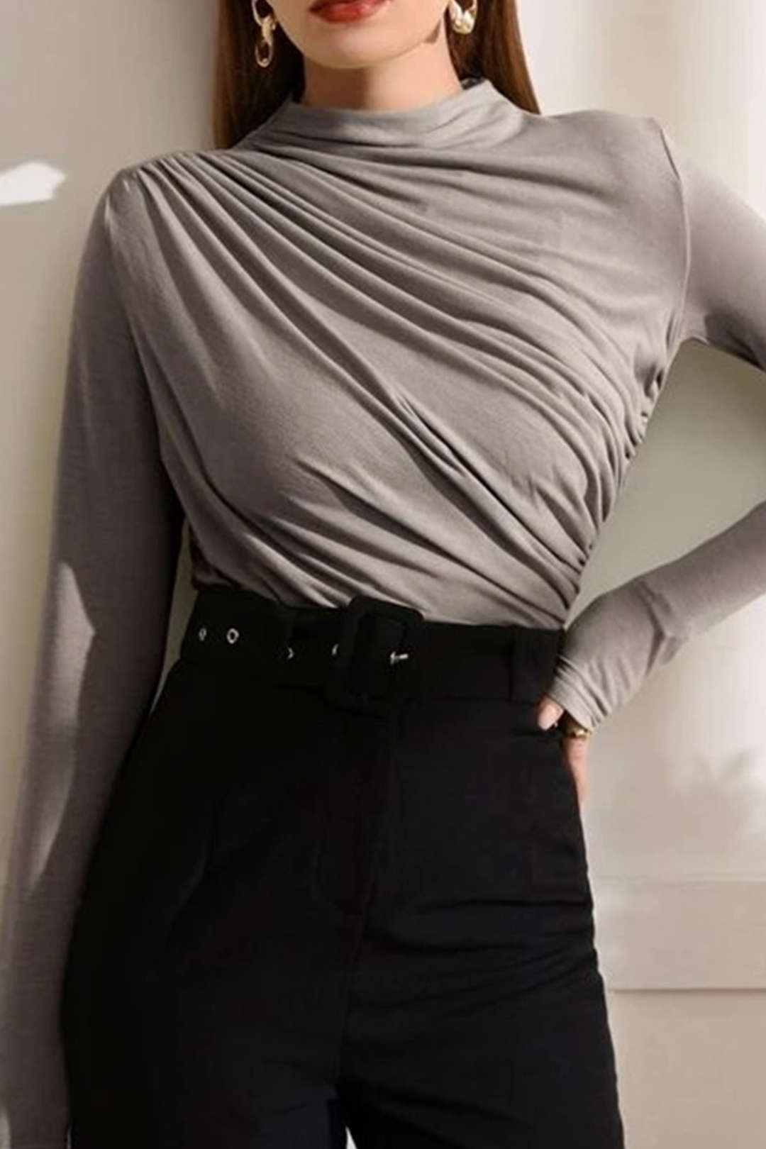 Solid Mock Neck Ruched Long Sleeve Top