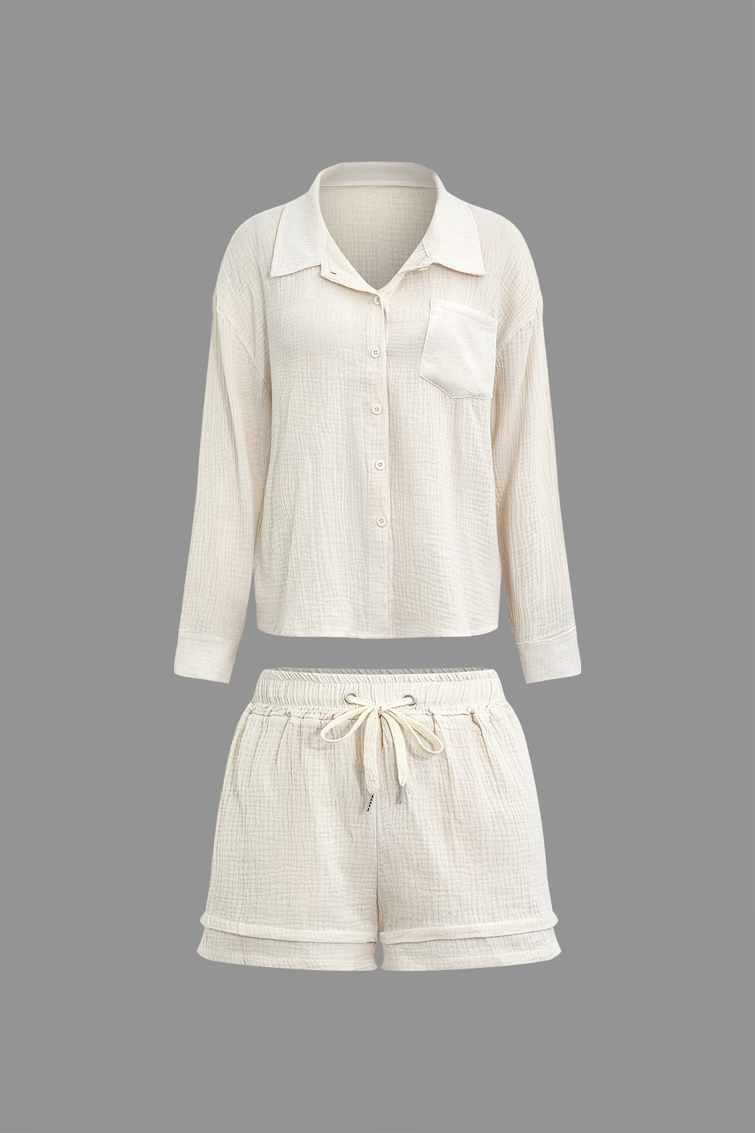 Textured Button Shirt And Drawstring Waist Shorts Set