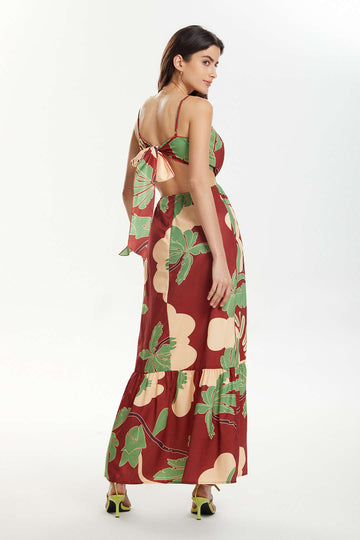 Floral Print Tie Back Ruffle Maxi Dress