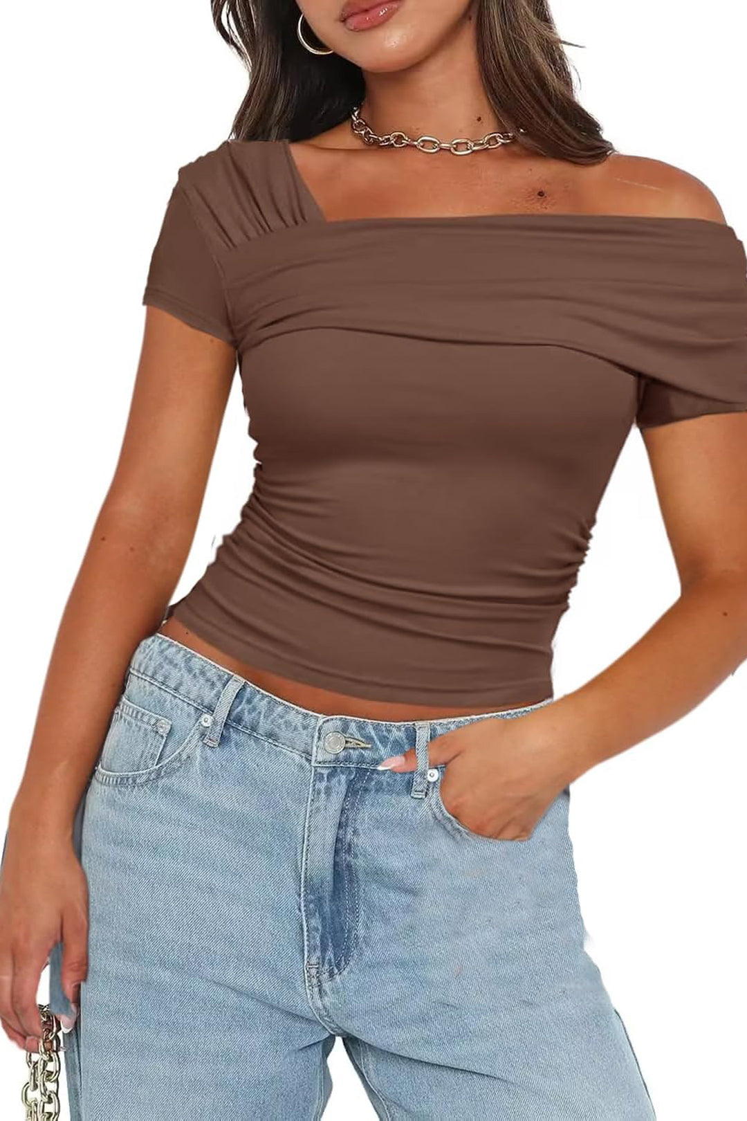 Solid Asymmetrical Ruched Crop Top