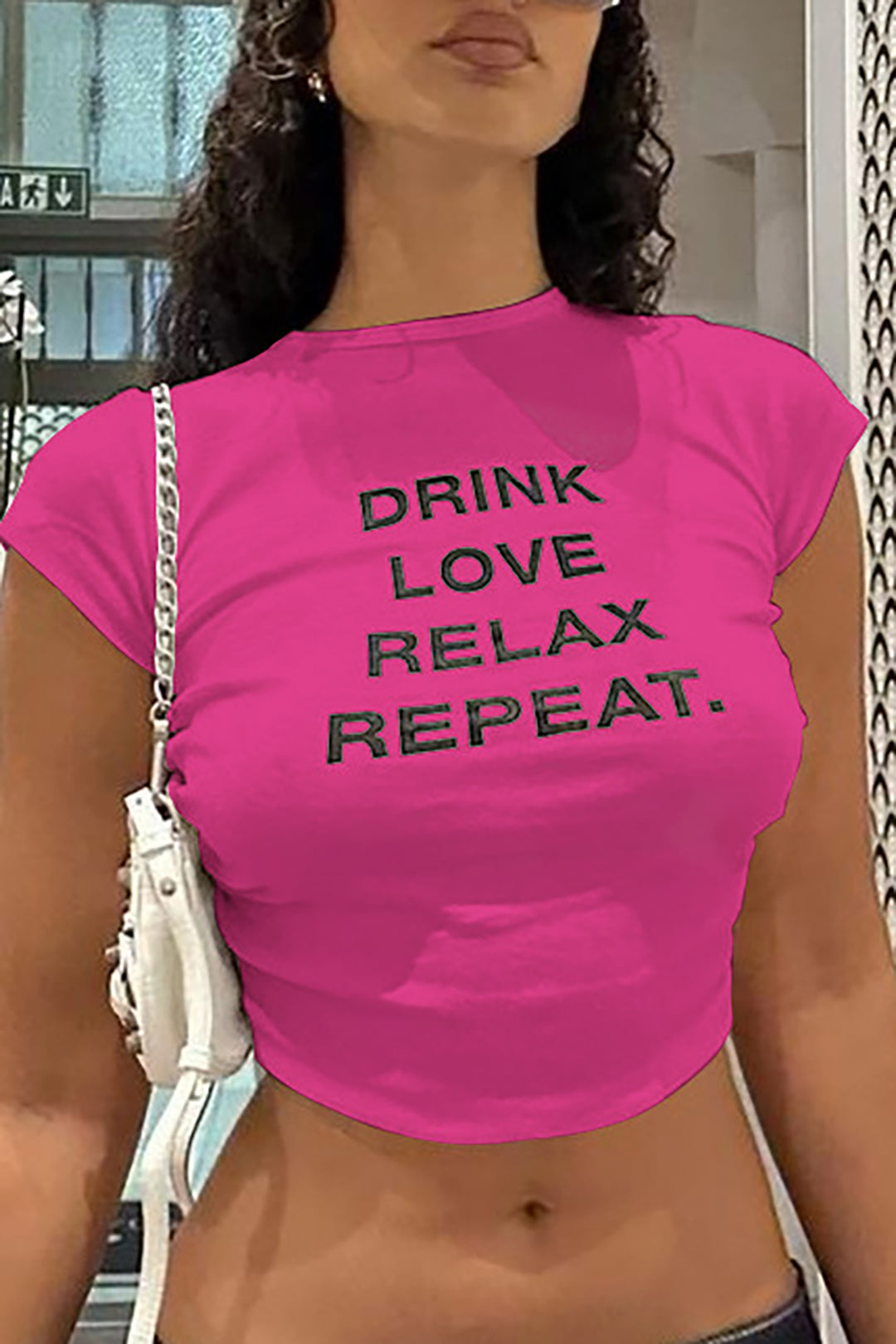 DRINK LOVE RELAX REPEAT Letter Print Ruched Cut Out T-shirt