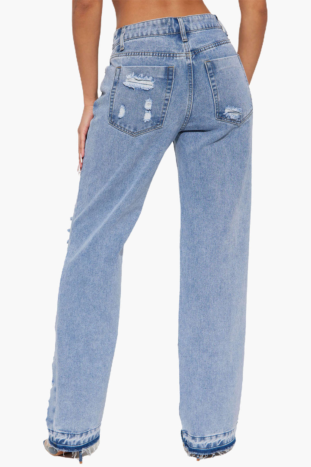 Frayed Ripped Low Rise Straight Leg Jeans