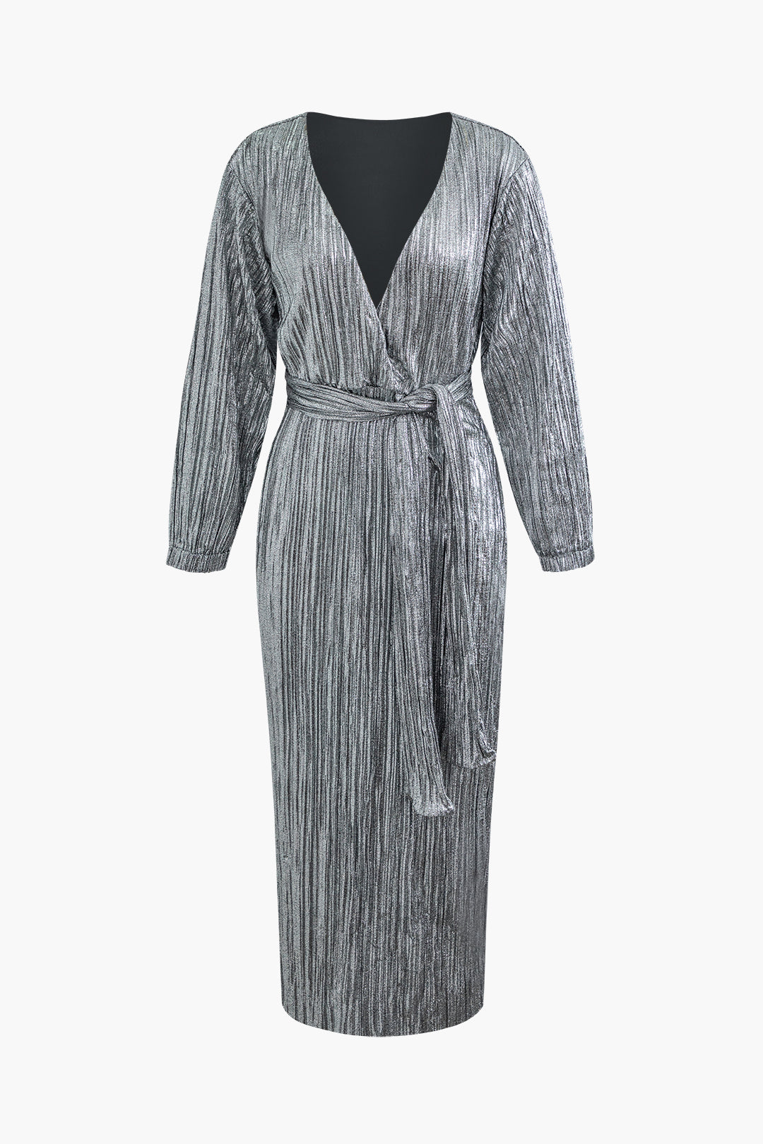 V-neck Sequin Belted Long Sleeve Maxi Dress