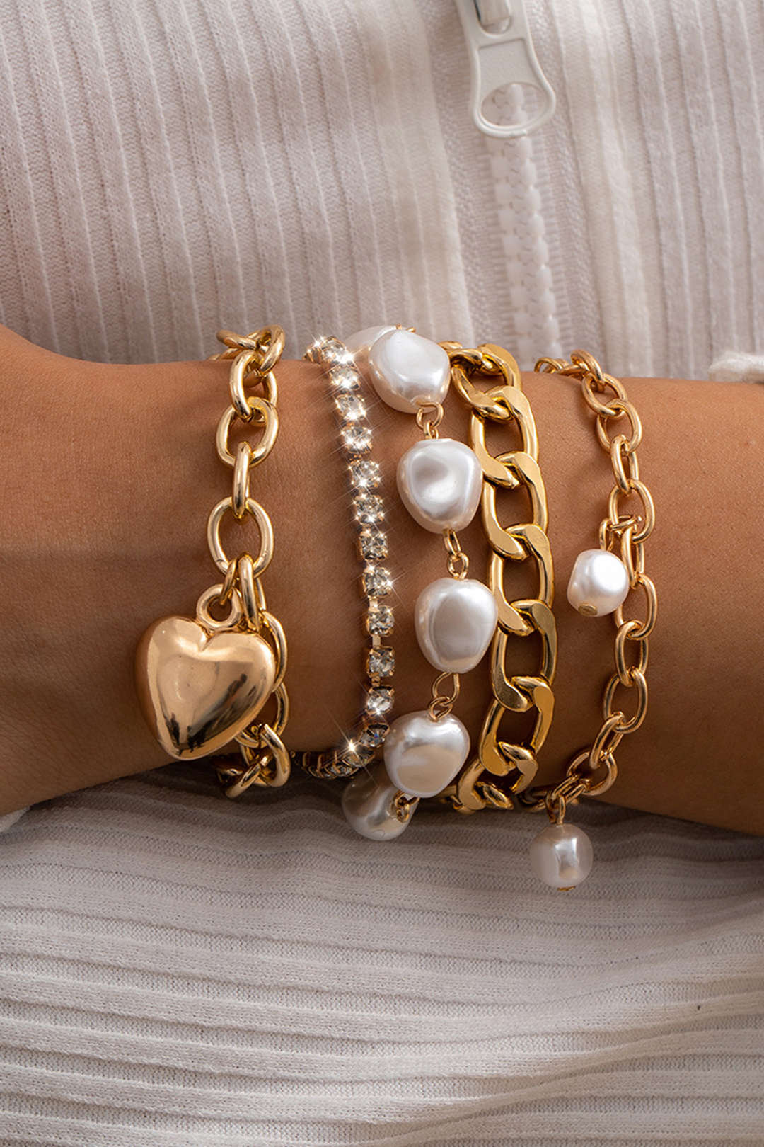 Metal Chain and Pearl Layered Bracelet Set