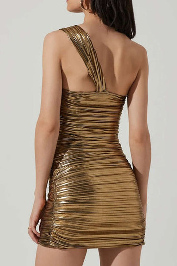 Metallic One Shoulder Ruched Bodycon Mini Dress