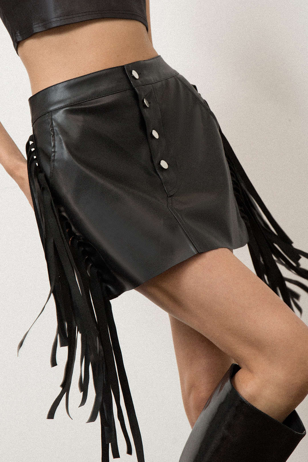 Faux Leather Button Fringe Trim Mini Skirt