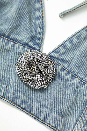 3D Rhinestone Flower Denim V-neck Halter Top