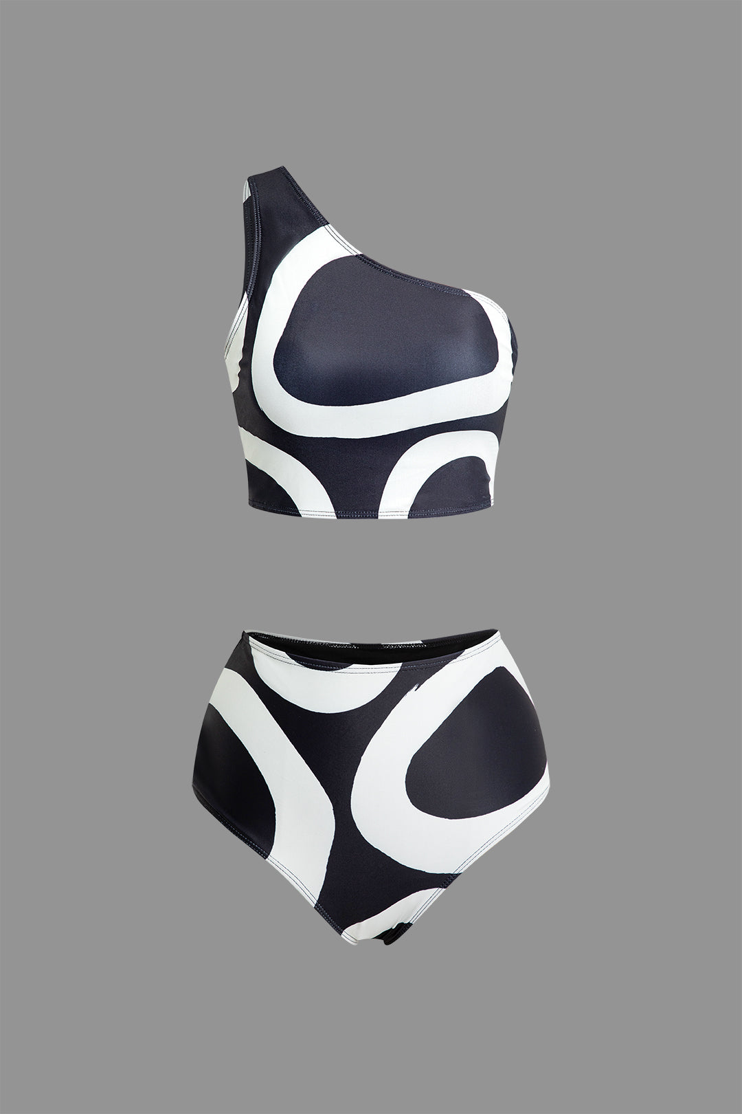 Contrast Abstract Print One Shoulder Swimsuit Set