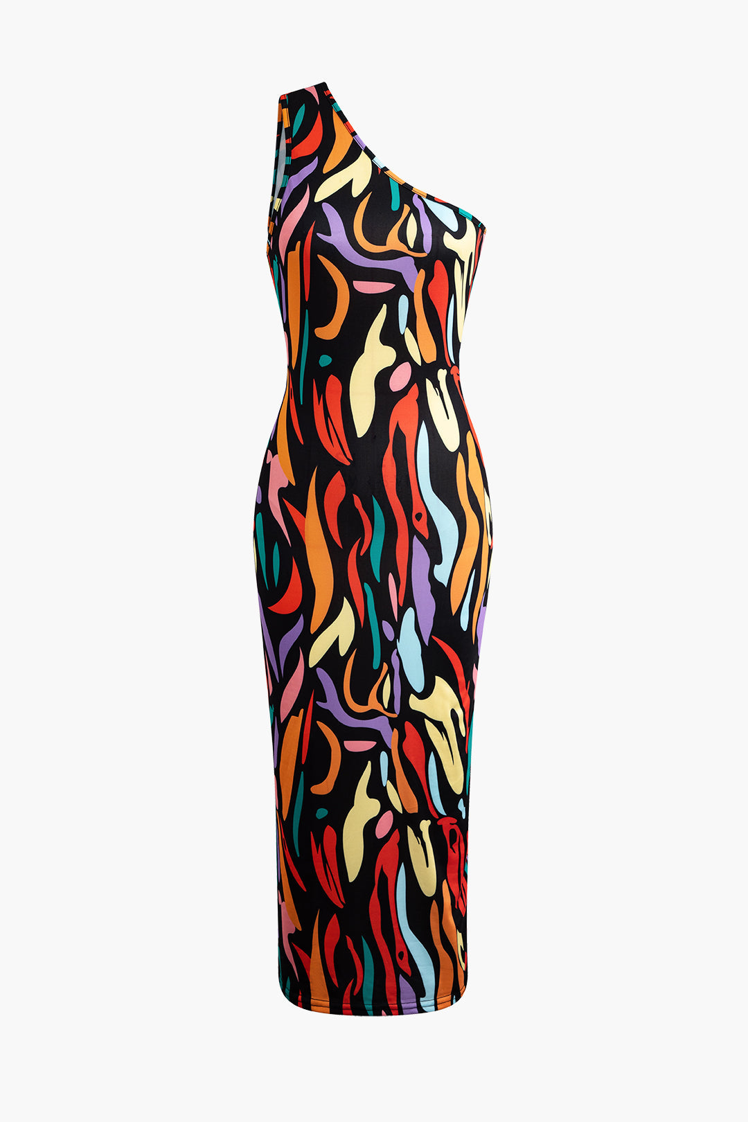 Abstract Print One Shoulder Cut Out Midi Dress