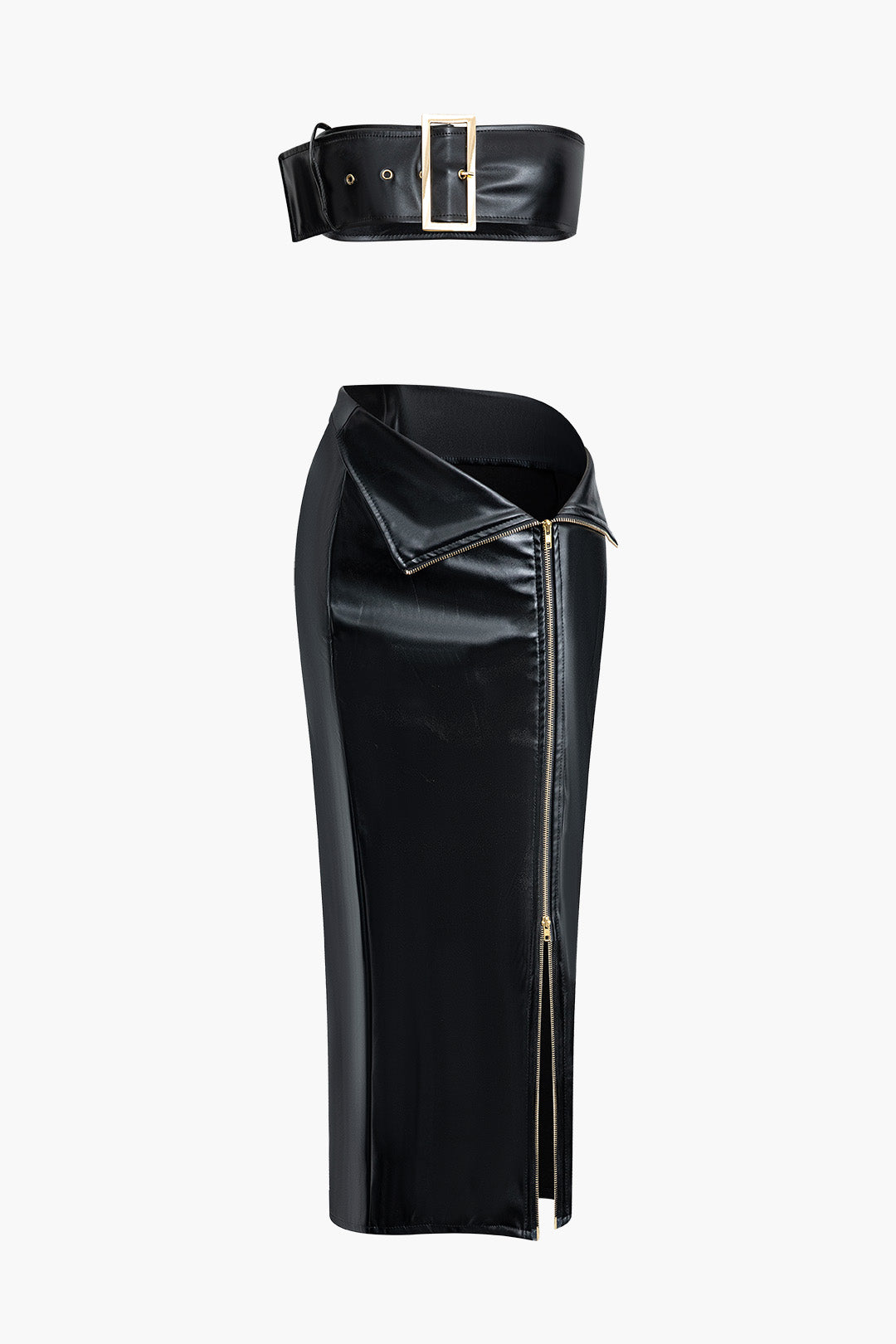 Faux Leather Tube Top And Asymmetrical Zipper Slit Midi Skirt Set