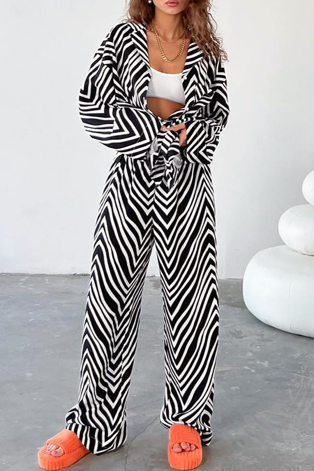 Zebra-stripe Print Notched Lapel Pocket Shirt And High Waist Pants Set