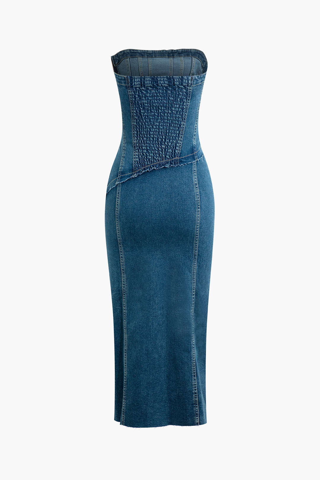 Faded Slit Strapless Denim Midi Dress