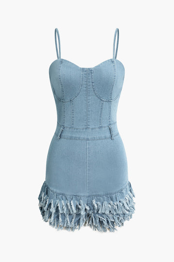 Frayed Hem Zipper Slip Denim Romper