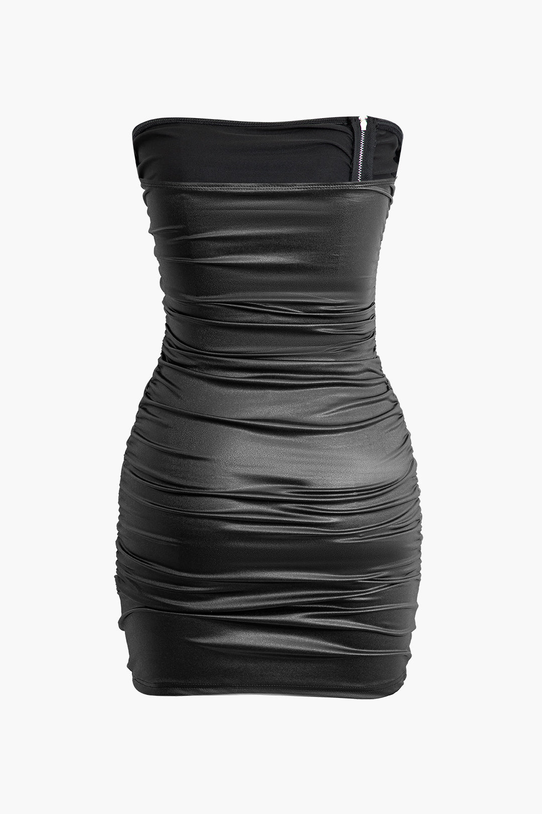 Zipper Ruched Slit Strapless Mini Dress